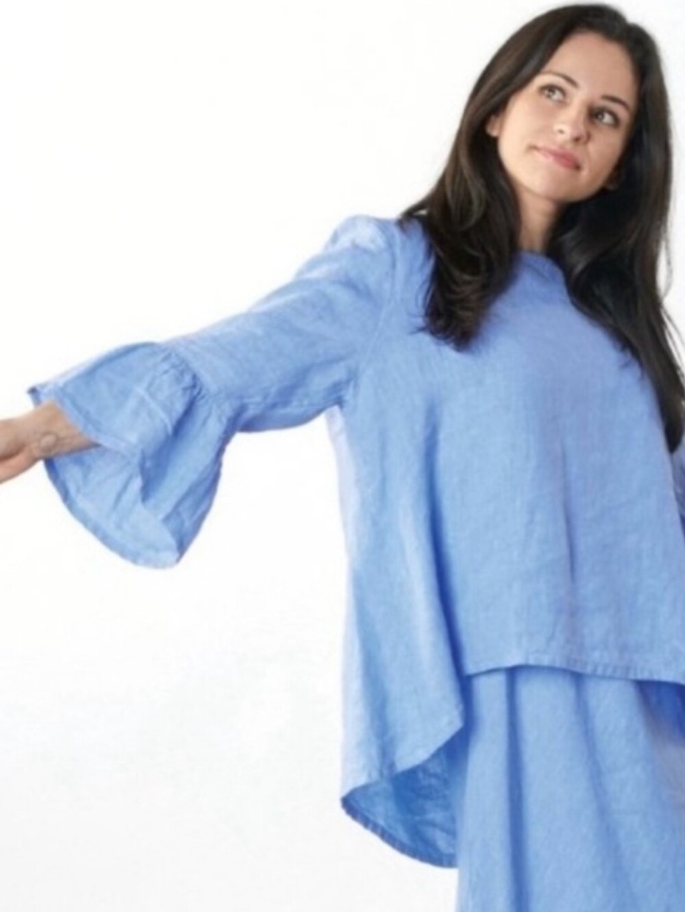 Bryn Walker Fran Linen Round Neck Ruffle 3/4 Bell Sleeve High-Low Shirt XXS